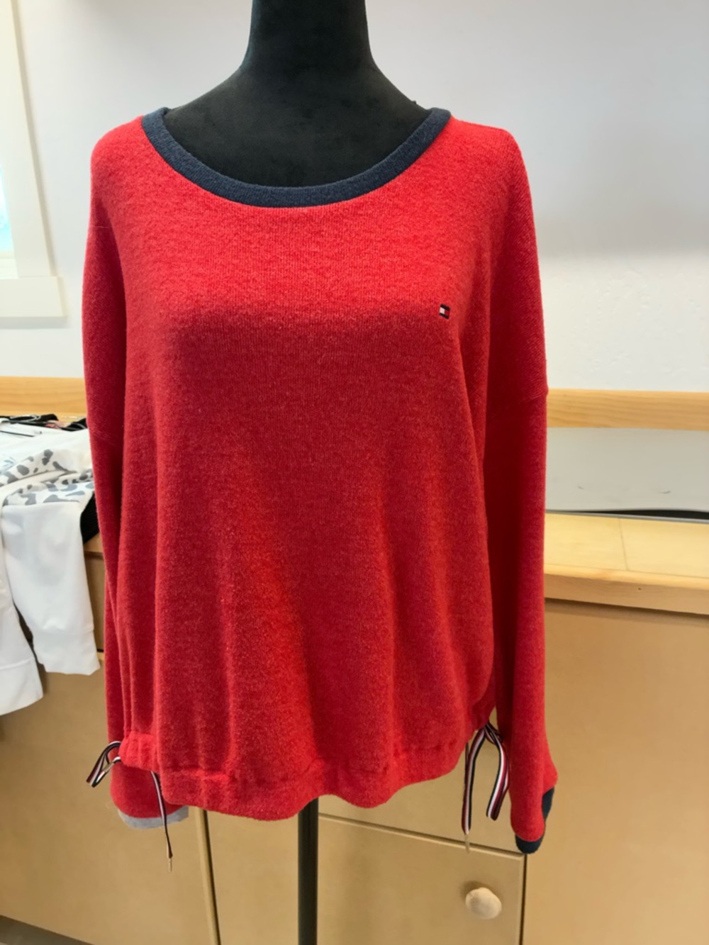 Tommy Hilfiger Red Sweater with Navy Trim and Ribbon Details